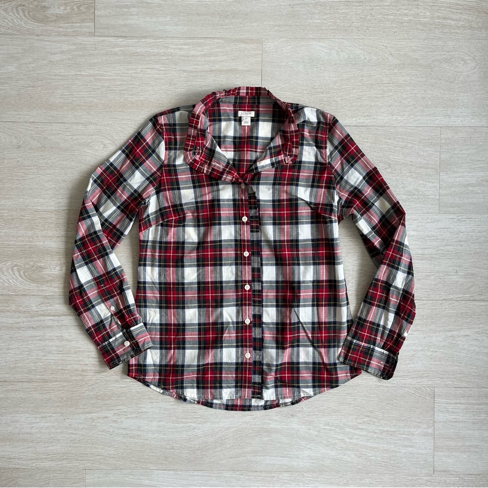 J.Crew red cotton button down shirt. Red, black, and white flannel. 100% cotton.